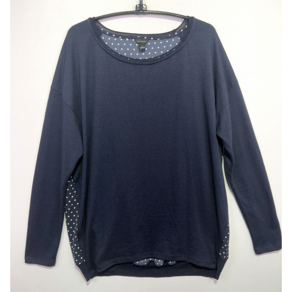 Ann Taylor Womens Size L Navy Blue Polka Dot Mixed Media Long Sleeve Top Tunic